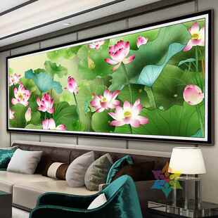 荷映日十字绣20红25新款 简约现代荷手BHA工己 线绣客厅花新自中式