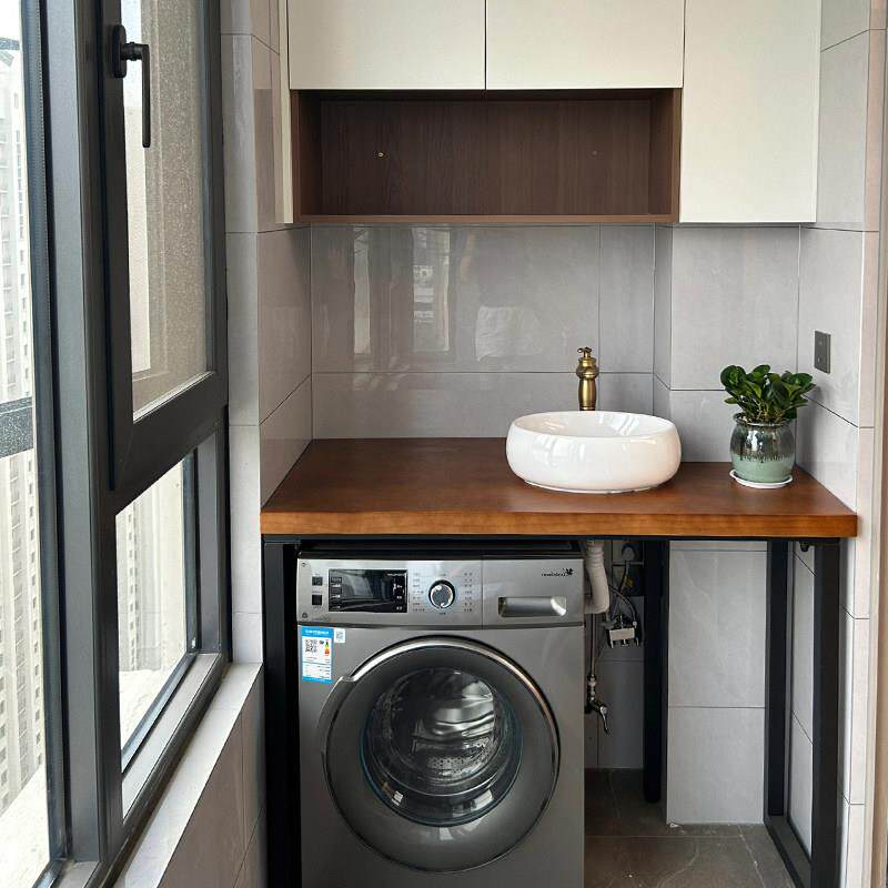 定制阳台洗衣机柜实木台面桌板改造设计台盆水槽一体柜阳台置物架