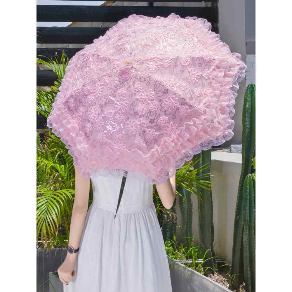 蕾丝刺绣花亮片黑胶二折防紫外线遮阳太阳伞公主晴雨伞洋伞粉红色