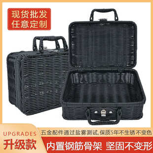 黑色仿藤有盖家用婚礼装 新款 饰复古行李箱藤编手提箱多功能收纳箱