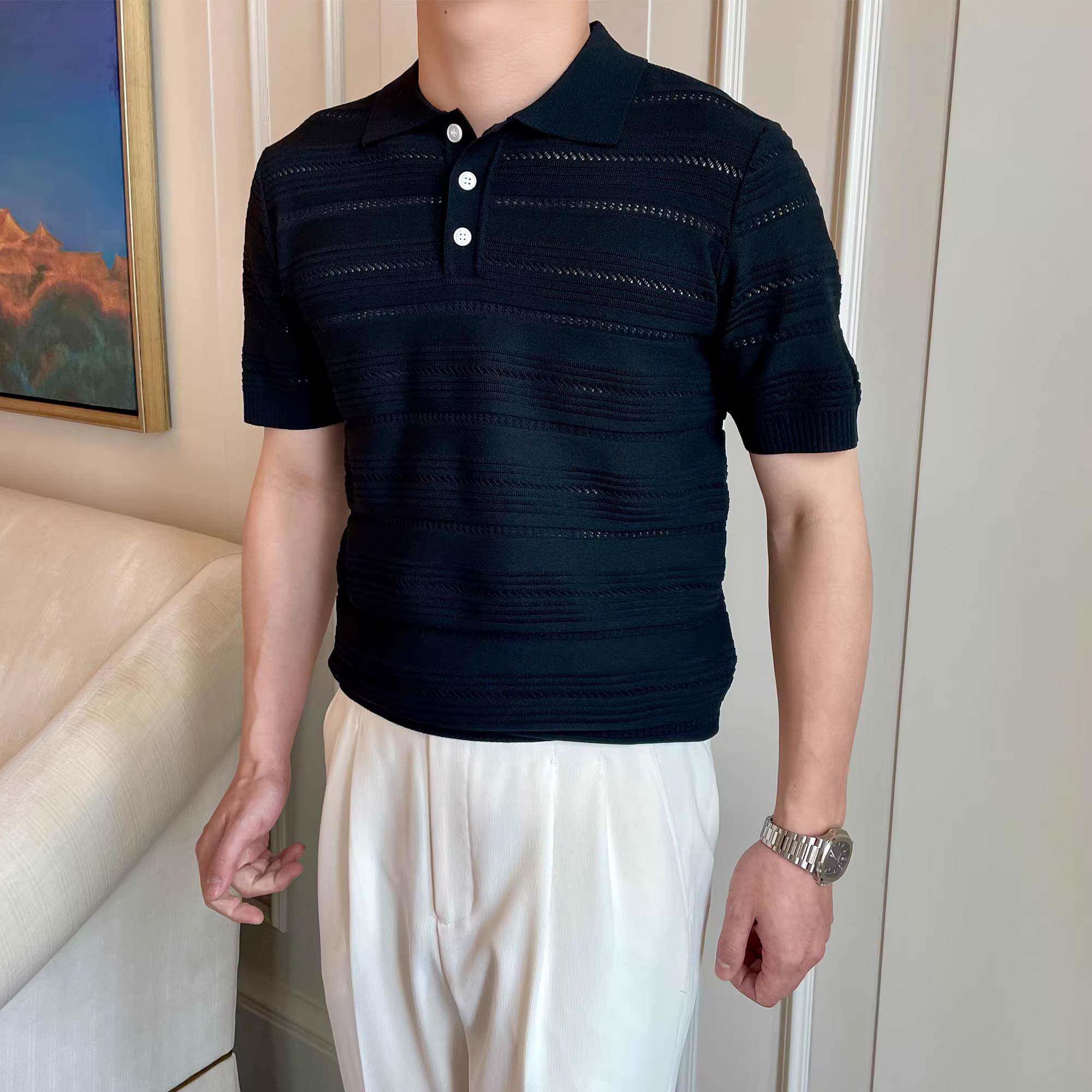 Upscale潮人 休闲针织polo衫男夏季新品美式复古薄款条纹镂空提花