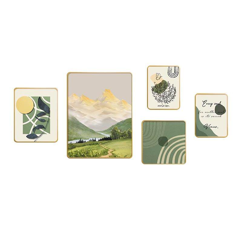 北欧风客厅装饰画日照金山沙发背景墙挂画现代简约绿色风景组合