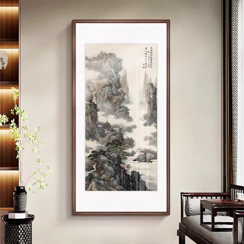 新中式招财山水画装饰画国画茶室客厅挂画实木框有框画玄关挂画
