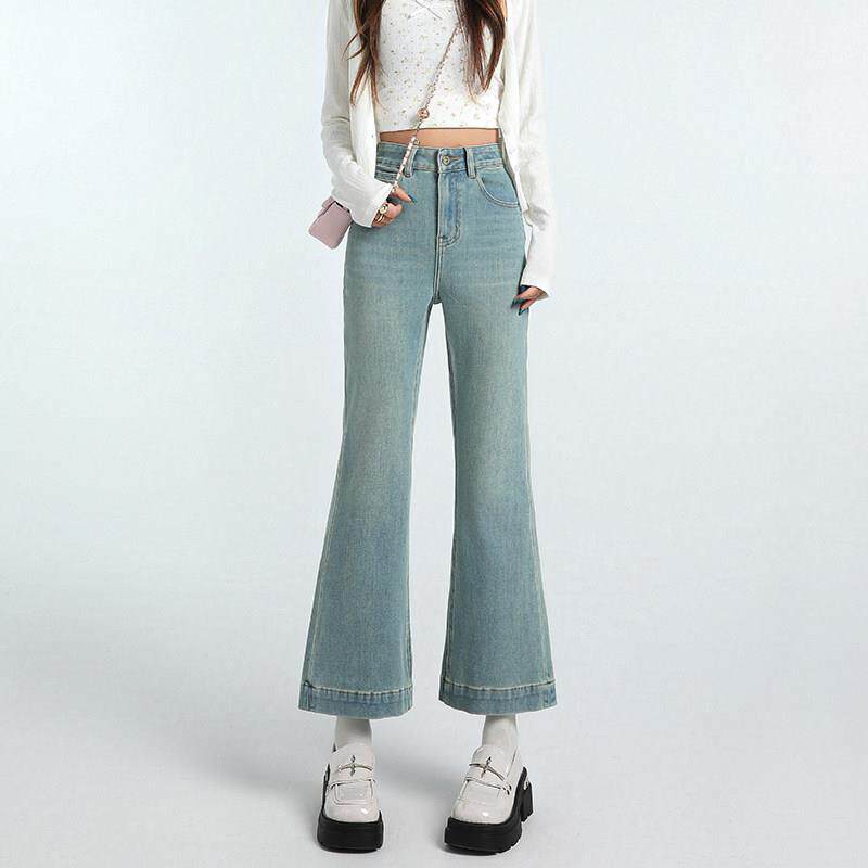 浅色微喇牛仔裤女2026春秋新款高腰显瘦小个子八九分修身喇叭裤子