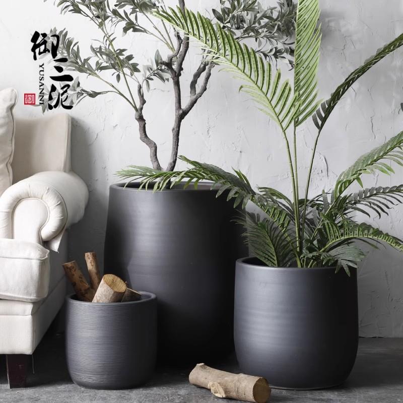 落地大花盆现代简约花瓶室内客厅植物橡皮树黑色大口径陶瓷装饰品
