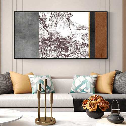 山涧游记山涧游记白中式黑古灰建筑客厅装饰画大气巨新幅挂画中国