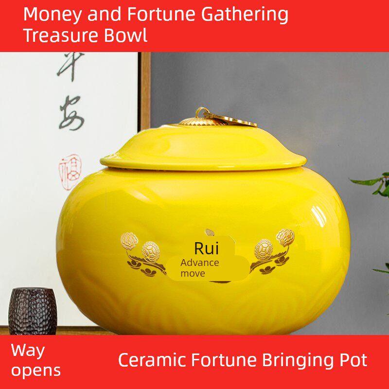 纯黄色陶瓷聚宝盆带盖,居家用,开启乔迁,吸引财富,珍惜客厅装