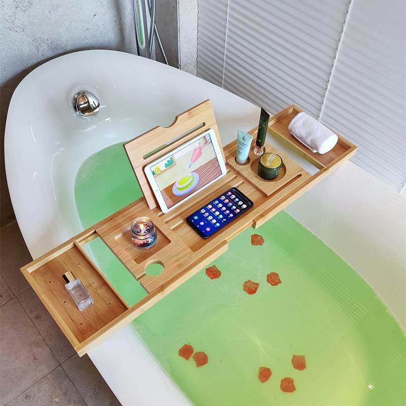 浴缸置物架子竹木伸缩泡澡毛巾平板隔板支架浴桶放手机托盘黑熊