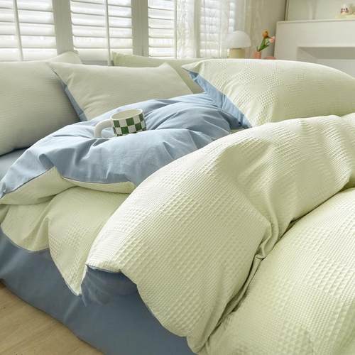 A类母婴级纯色四件套全棉床单被罩撞拼色纯棉床笠学生宿舍三件套