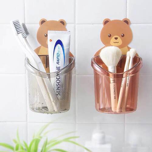 Bear-themed toothbrush holder and family rinse cups, no-dril