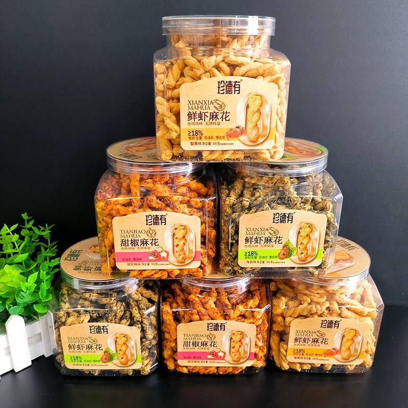 珍德有鲜虾麻花海苔味300g罐装香辣蟹黄味网红休闲 办公室零食特