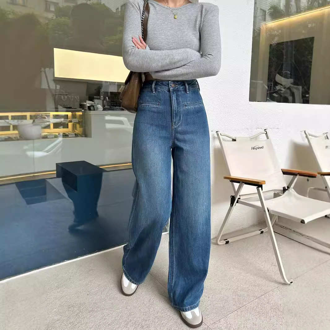 春不晚高品质直筒阔腿牛仔裤女秋冬显瘦高个子裤子高腰垂坠感裤子
