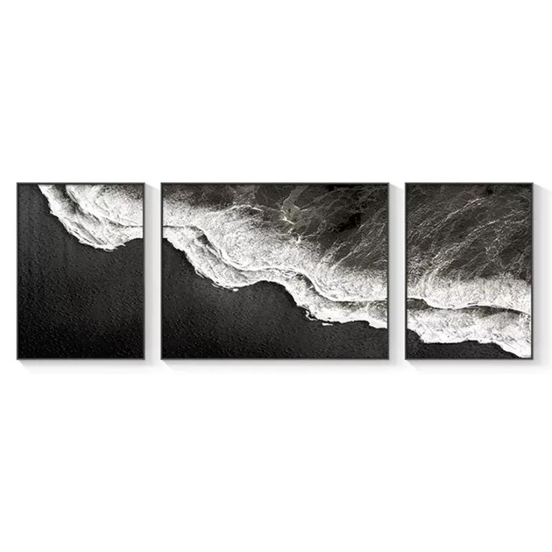黑色海滩三联客厅装饰画轻奢大气沙发背景墙挂画海景图极简风壁画