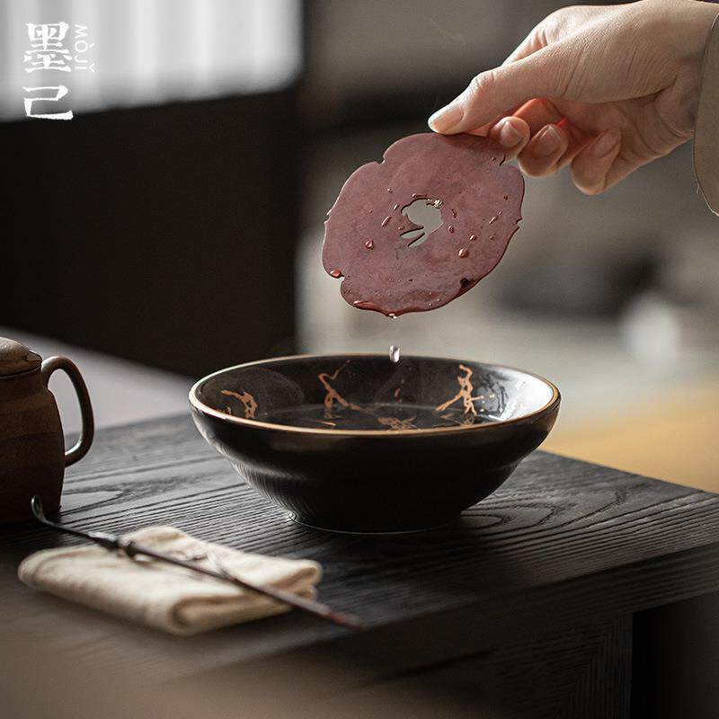 墨己 茶道配件陶瓷壶承 烫金仿古干泡台 铜配件茶壶底托 茶席摆件