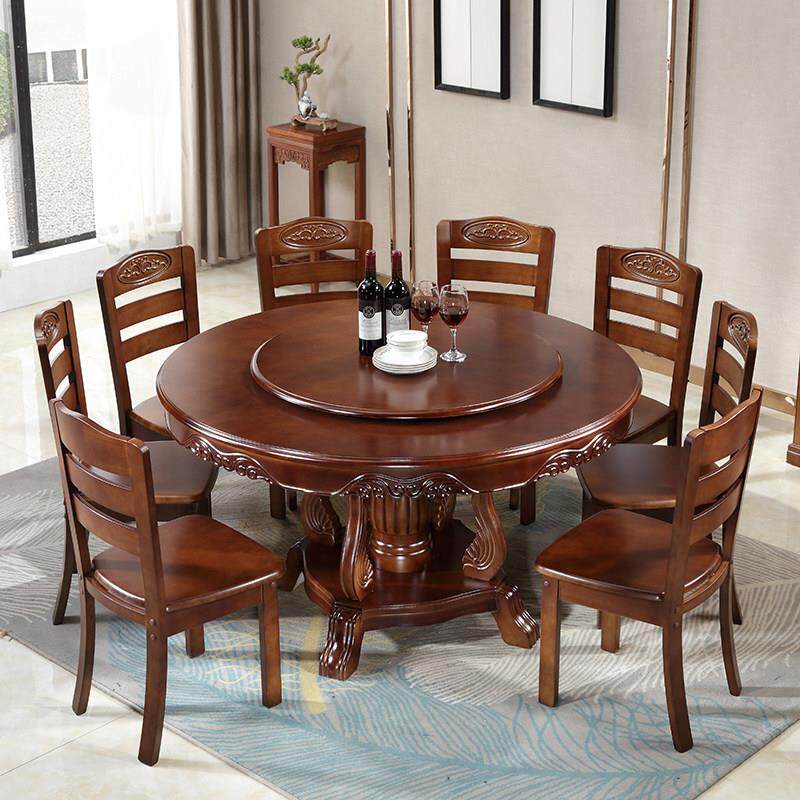 实木餐桌椅组合中式大圆桌圆形家用10人饭桌雕花1.8米橡木带转盘