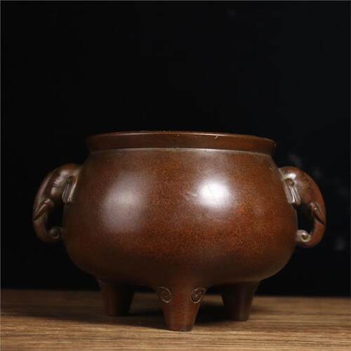 精品苏工铜制象耳三足炉铜器 古玩 家居装饰摆设【三足铜炉】
