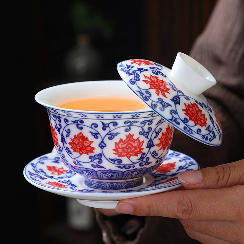 羊脂玉可悬停旋转三才盖碗青花釉里红缠枝莲纹茶具大号茶杯茶具