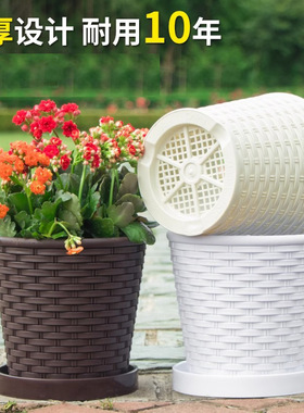 加厚仿竹编树脂花盆塑料花盆加固简约多肉圆形阳台绿萝小花盆