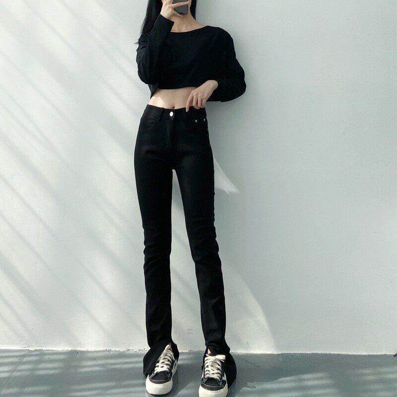 韩国2025年春季新款高腰显瘦显高开叉直筒黑色牛仔裤女微喇马蹄裤