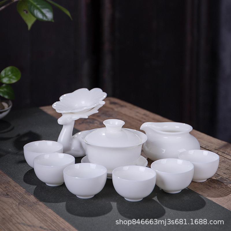 白瓷茶具套装羊脂玉瓷功夫简约家用办公陶瓷盖碗茶壶杯logo定 制
