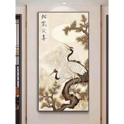 鹤画装饰画中国风挂画鹤画鹤寿画书画入口画走廊竖式松鹤延年