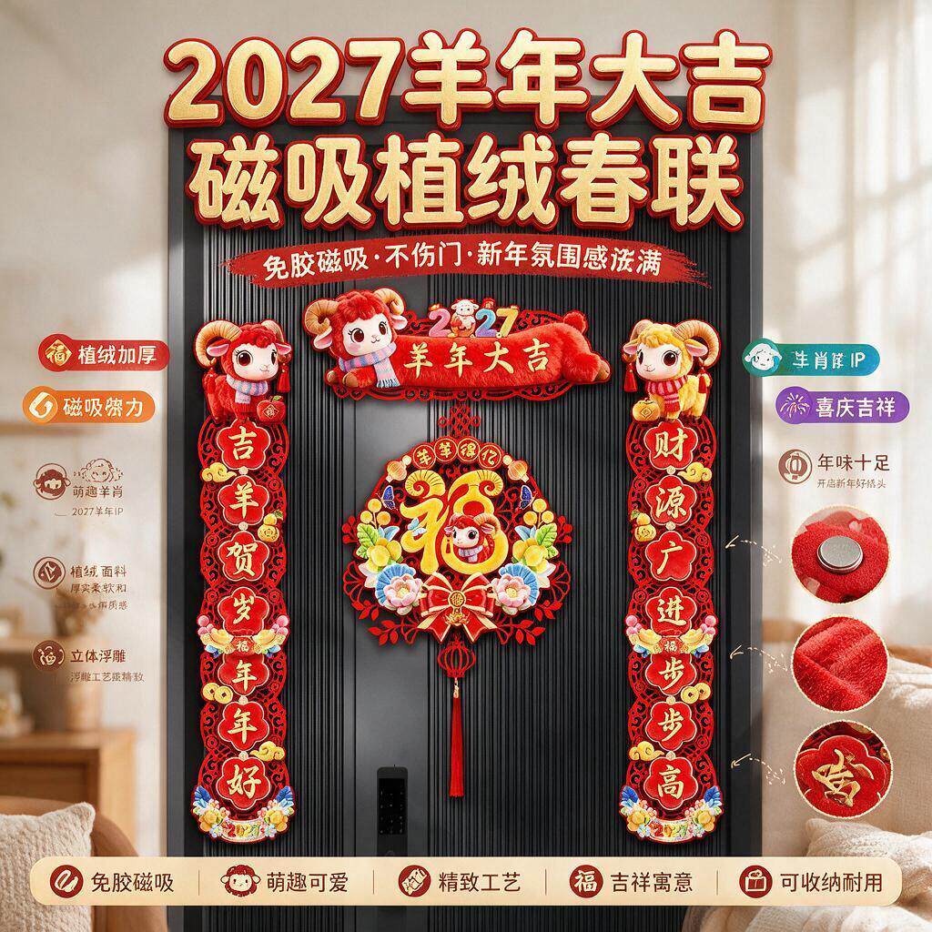 羊年对联植绒2027新款春节家用过年大门门画布置新年门贴磁吸春联