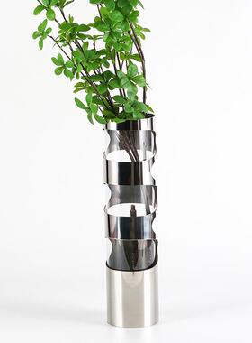 直筒玻璃金属圆环大口径花瓶摆件现代简约家居样板房软装饰品花器