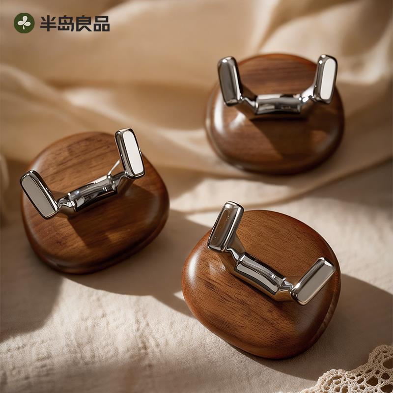 吸盘挂钩免打孔门后挂衣钩浴室强承重无痕式实木中古风胡桃木粘钩