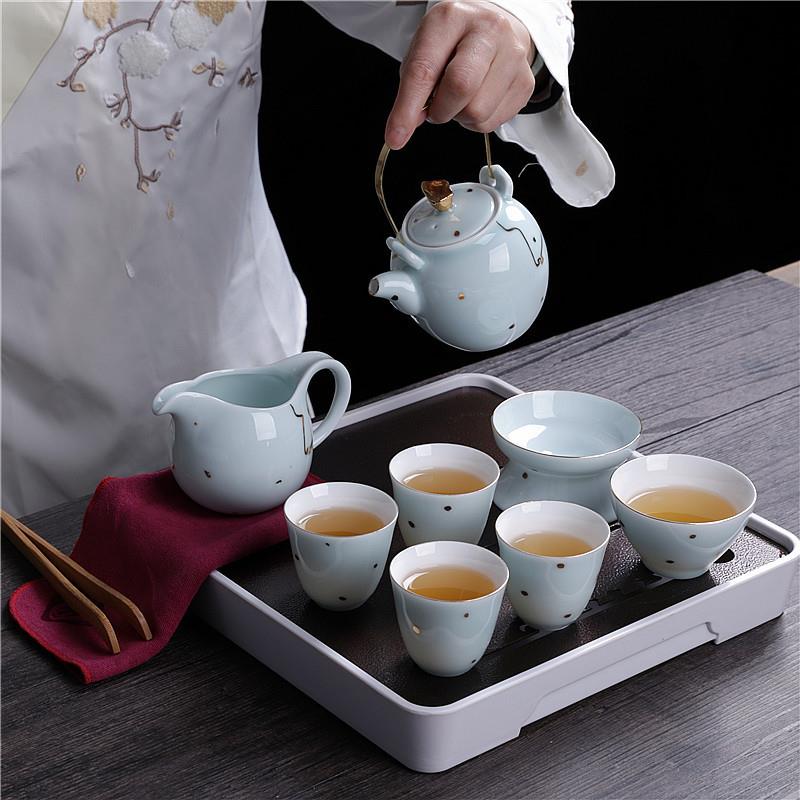 陶瓷茶具套装整套茶盘白瓷羊脂玉哥窑冰裂天青金粗陶自动懒人泡茶