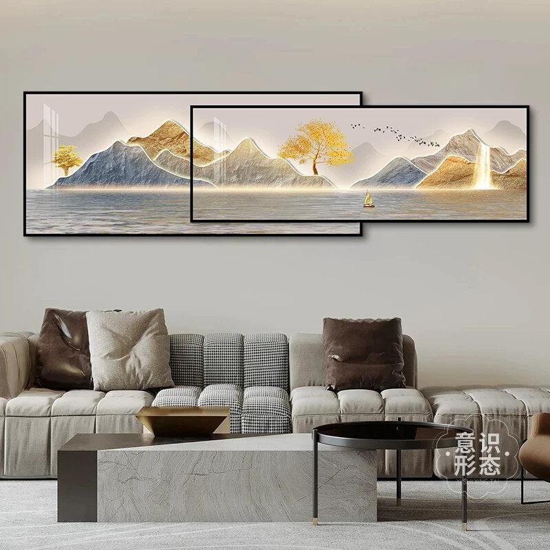 现代轻奢客厅装饰画简约大气沙发背景墙挂画好寓意叠加山水画壁画