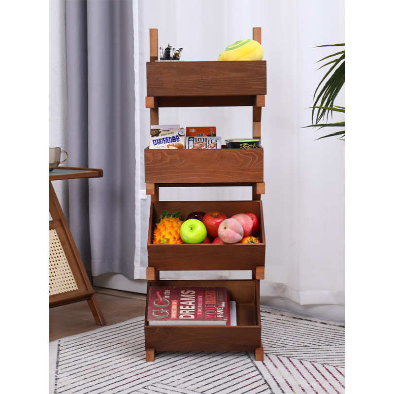 四层全实木多层落地式木质收纳置物架三层客厅厨房蔬菜零食展示架