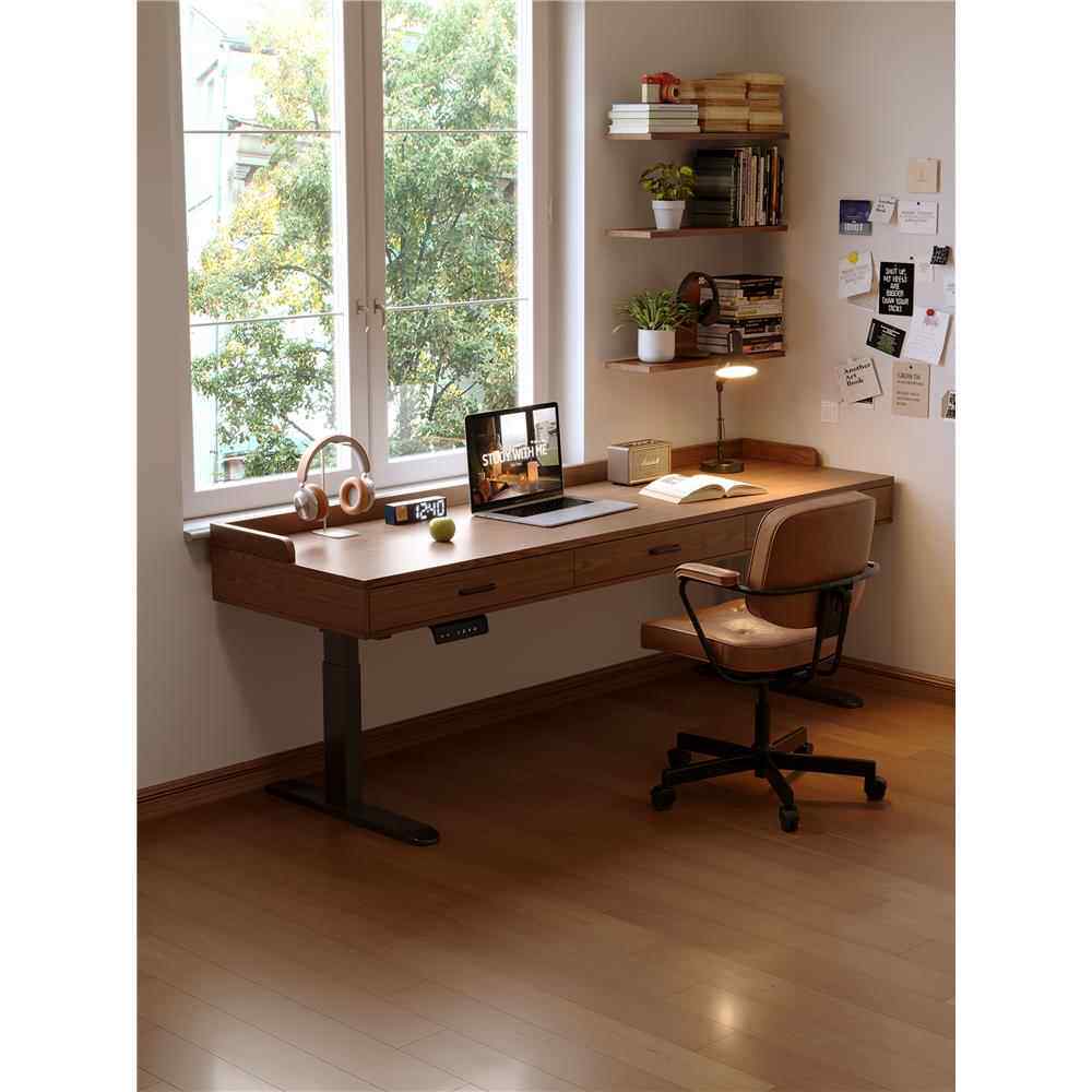 电动升降桌全实木带抽屉桌学生阅读学习桌卧室家庭电脑桌办公桌