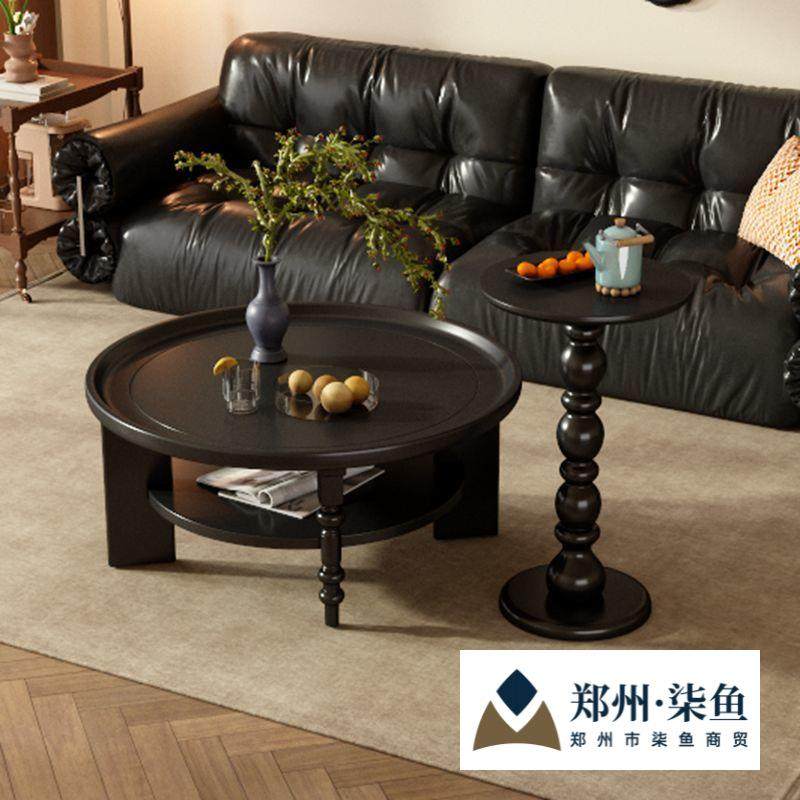 法式实木茶几圆形茶桌小户型中式小桌子古风家用客厅美式复古新款