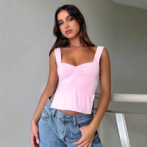 Square collar camisole pleated backless vest top T-shirt