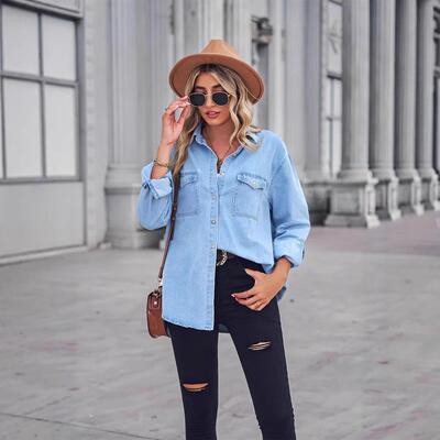 Women Spring Sleeve Jean Shirts Button Shirt Casual Tops
