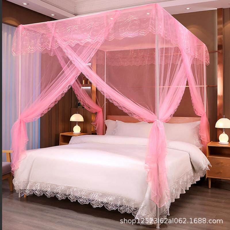 三开门蚊帐带加粗支架加密加厚1.5米1.2米帐纱落地家用宫廷纹帐子