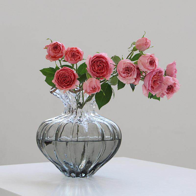 北欧手工波浪口花边透明灰歪脖大肚子南瓜花瓶样板间客厅装饰花瓶