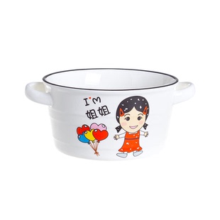双耳陶瓷碗4.75英寸家用儿童单人吃饭碗早餐韩式 新款 带盖勺耐高温
