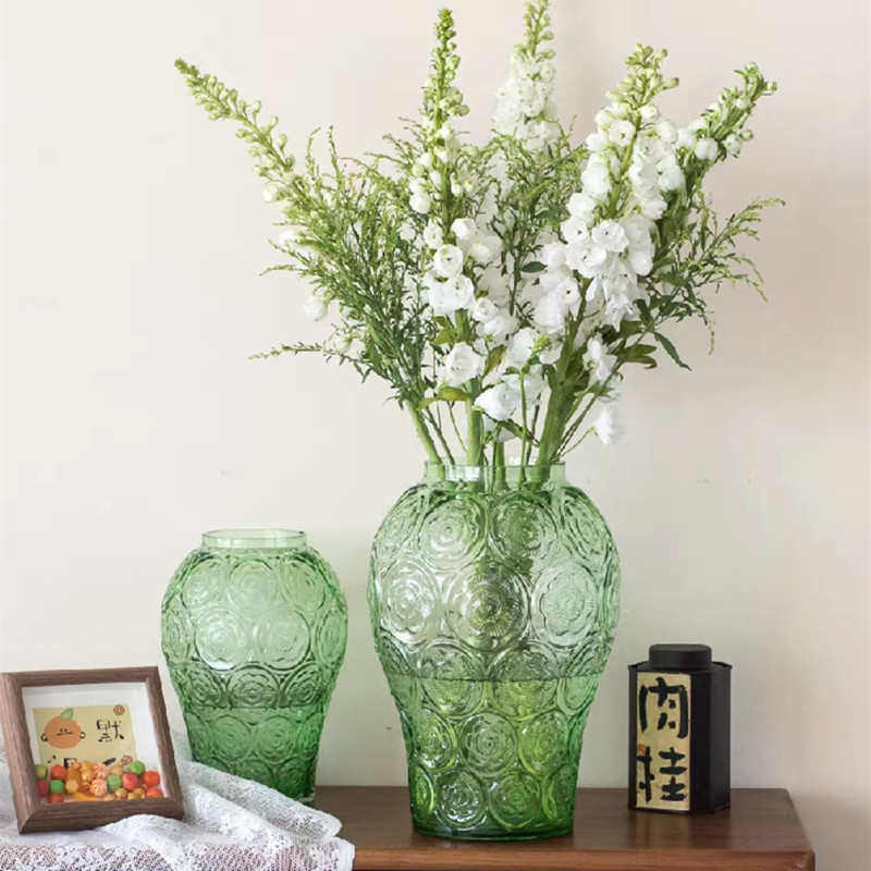 浮雕琉璃花瓶摆件 客厅插花水晶透明玻璃轻奢餐桌装饰品批发