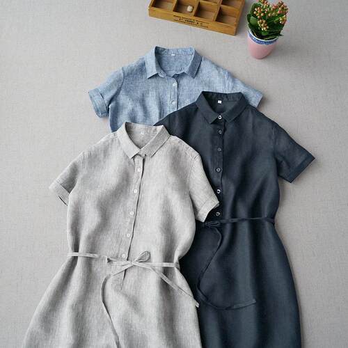 Front half open button waist tie short sleeved dress,