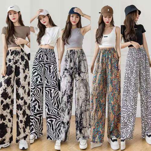 Women Striped Straight Leg Pants Pockets Waist Elastic