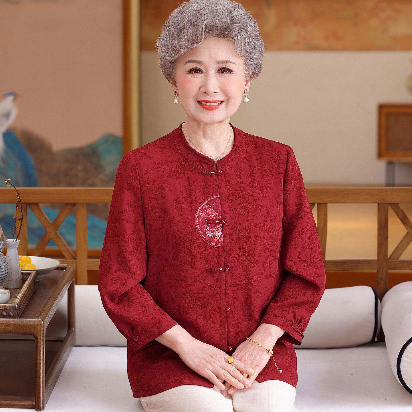喜宴中老年人奶奶衬衫女夏装桑蚕丝100%套装大尺码老太太真丝上衣