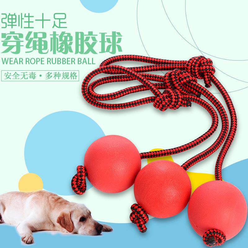 亚马逊爆款宠物磨牙玩具带绳橡胶球狗狗训导啃咬耐咬球实心弹力球