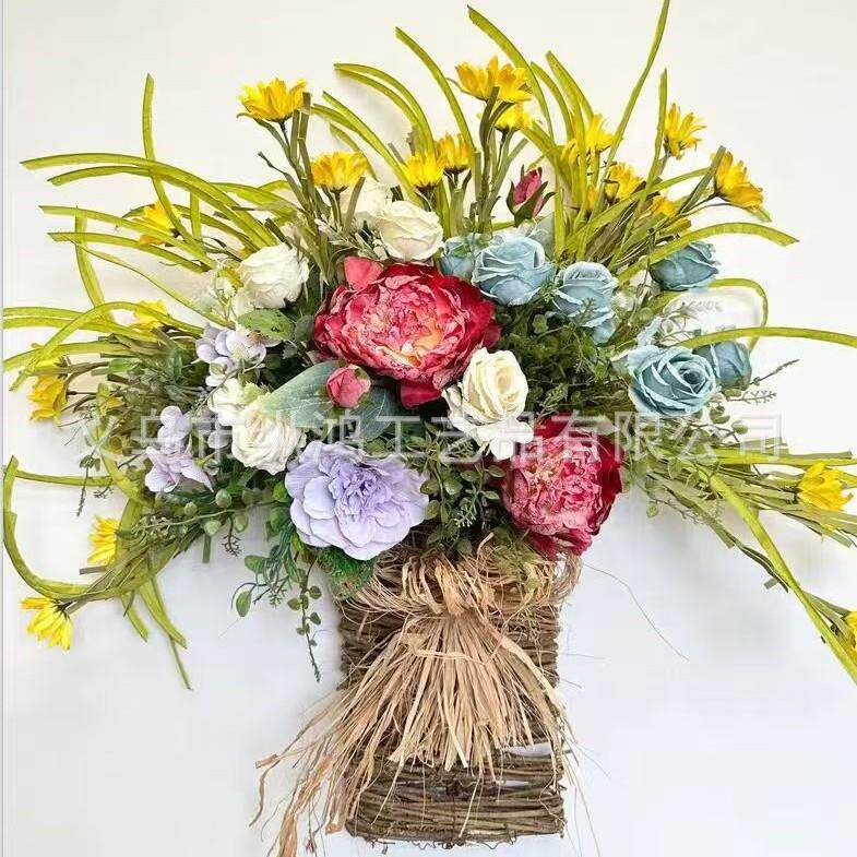 情人节装饰家居墙饰藤篮花环前门花篮玫瑰花墙饰花环家居门廊挂饰