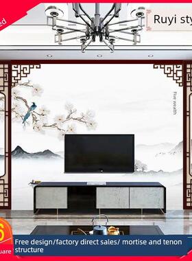 东阳木雕实木雕花新型中国风电视背景墙隔断屏风装饰彷古门窗格栅