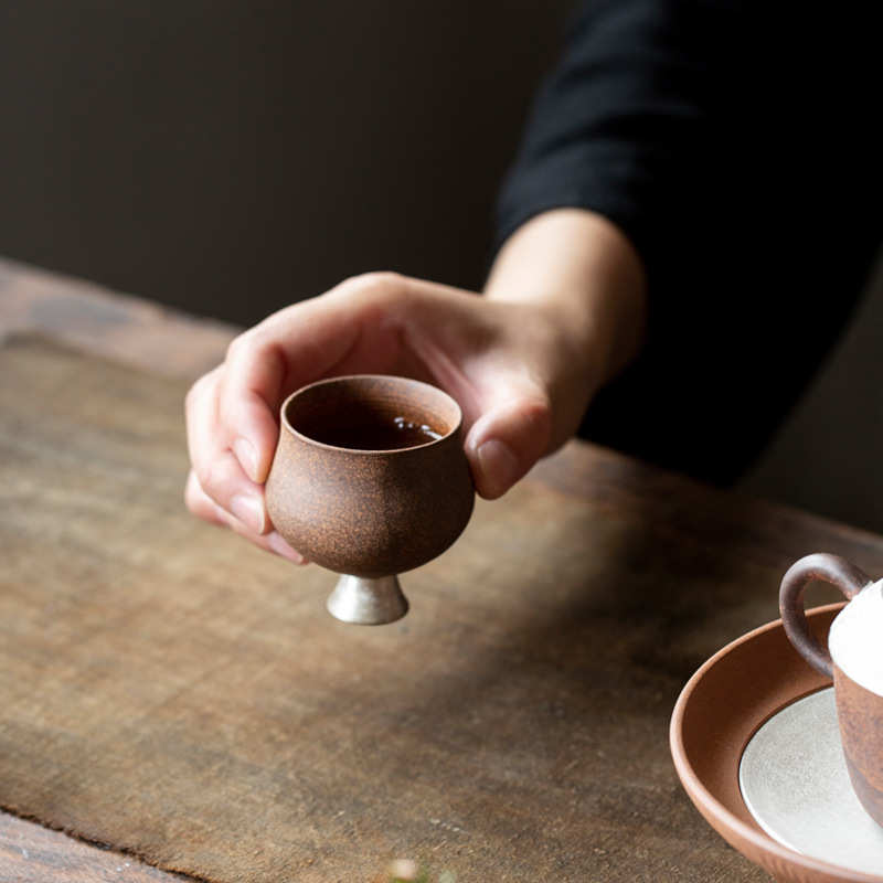 老岩泥手工描银蛮腰茶杯家用品茗杯中式复古主人杯功夫茶具单杯