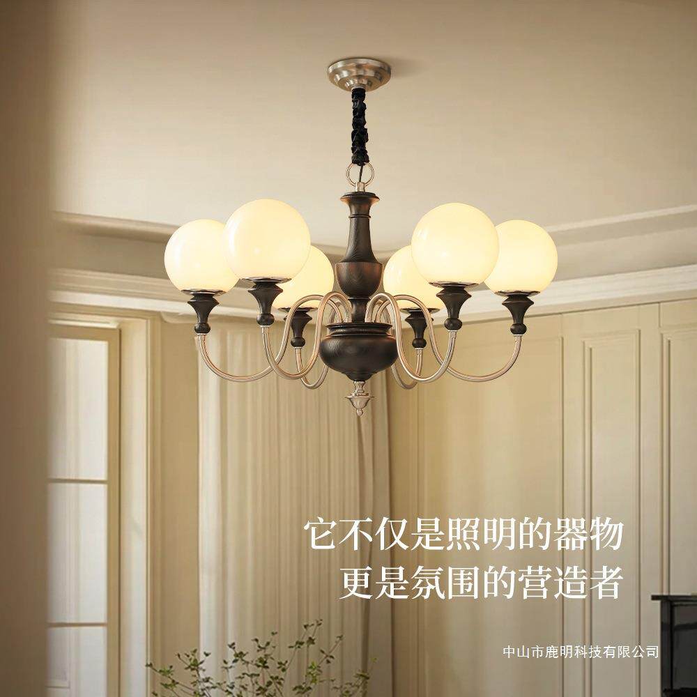 法式中古风玻璃实木吊灯古典别墅复式楼客厅餐厅简约高级酒店灯饰