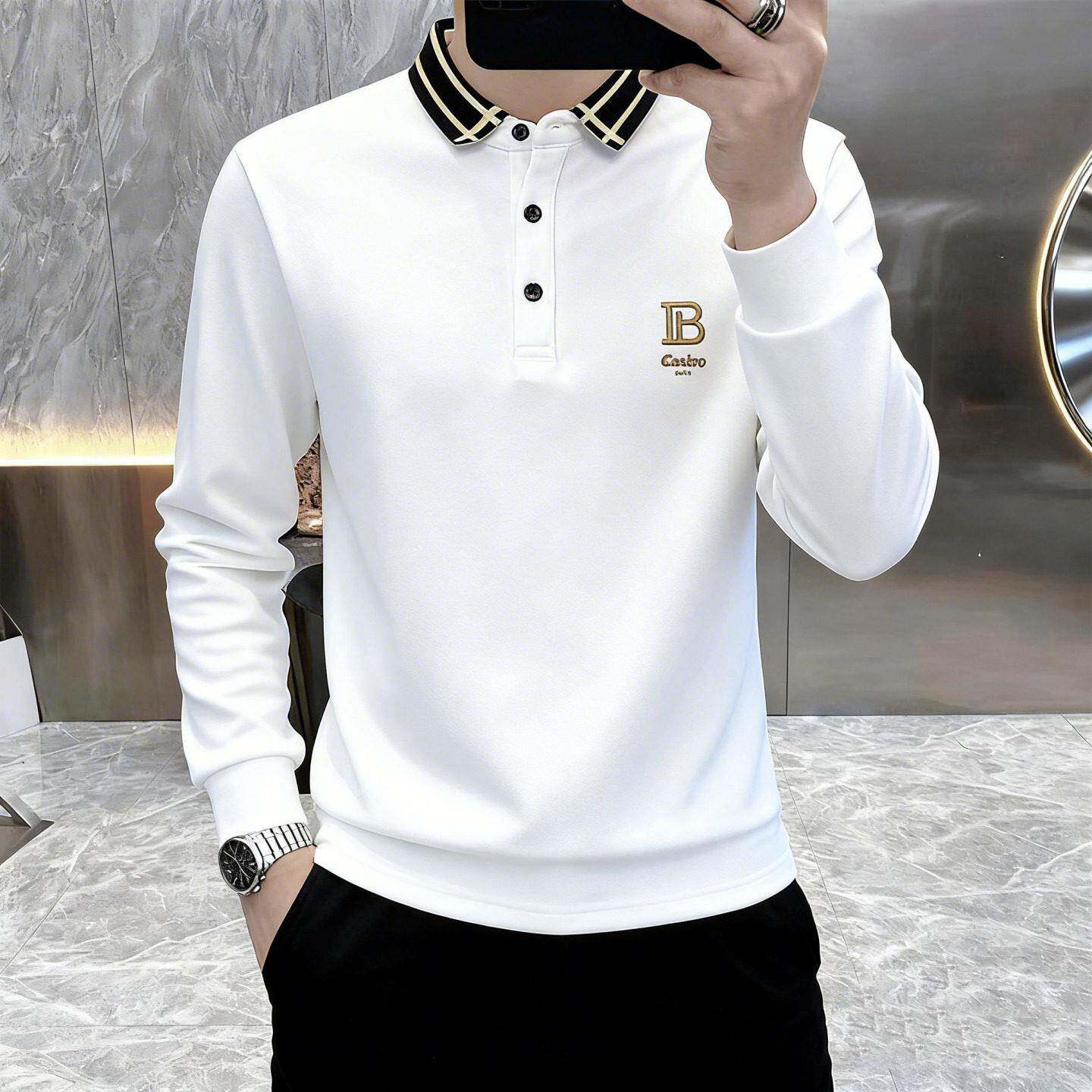 丝光棉翻领男士长袖t恤春秋季休闲薄款修身男士刺绣白色Polo衫潮