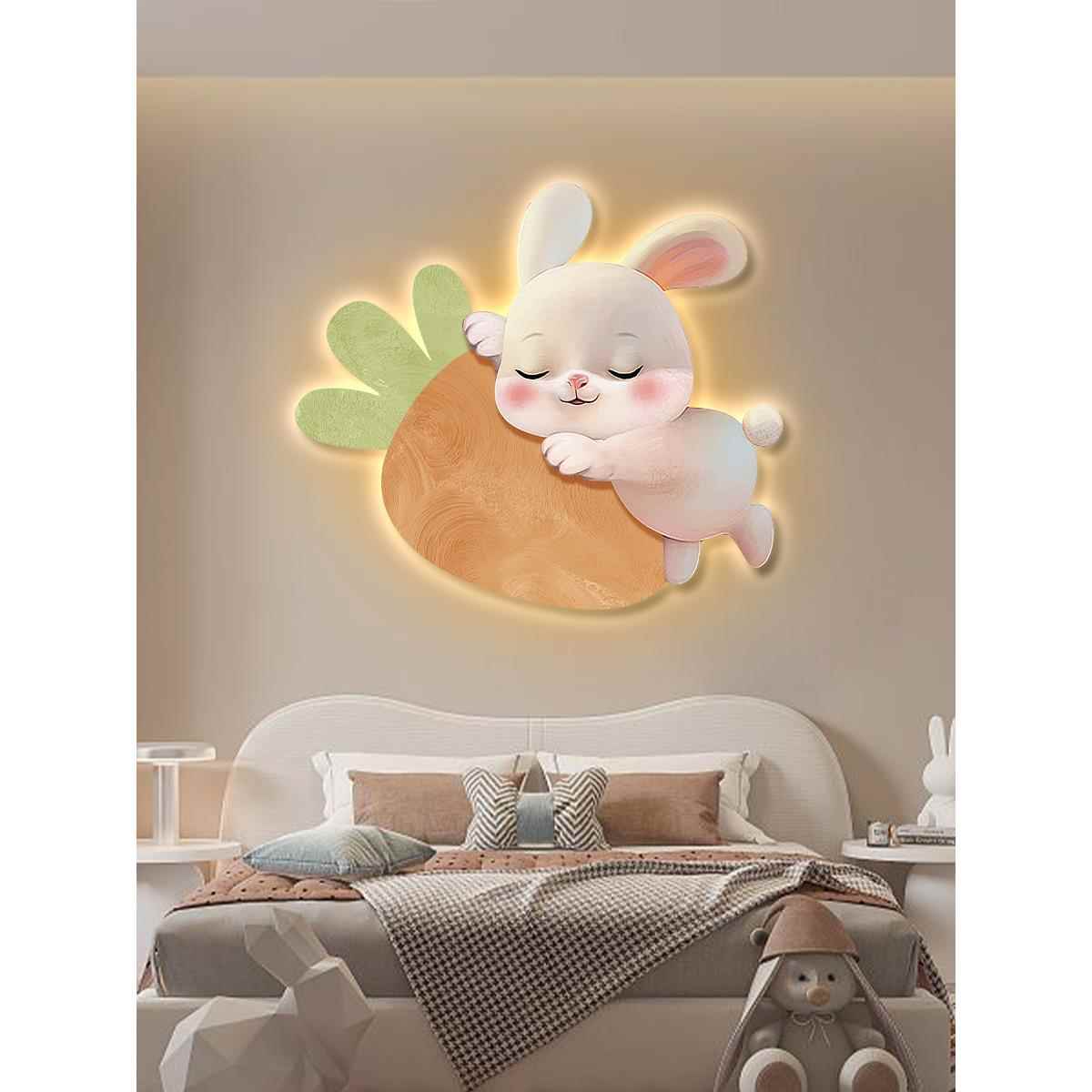 儿童房装饰画发光灯画女孩卧室房间床头挂画玉兔创意萌宠卡通壁画