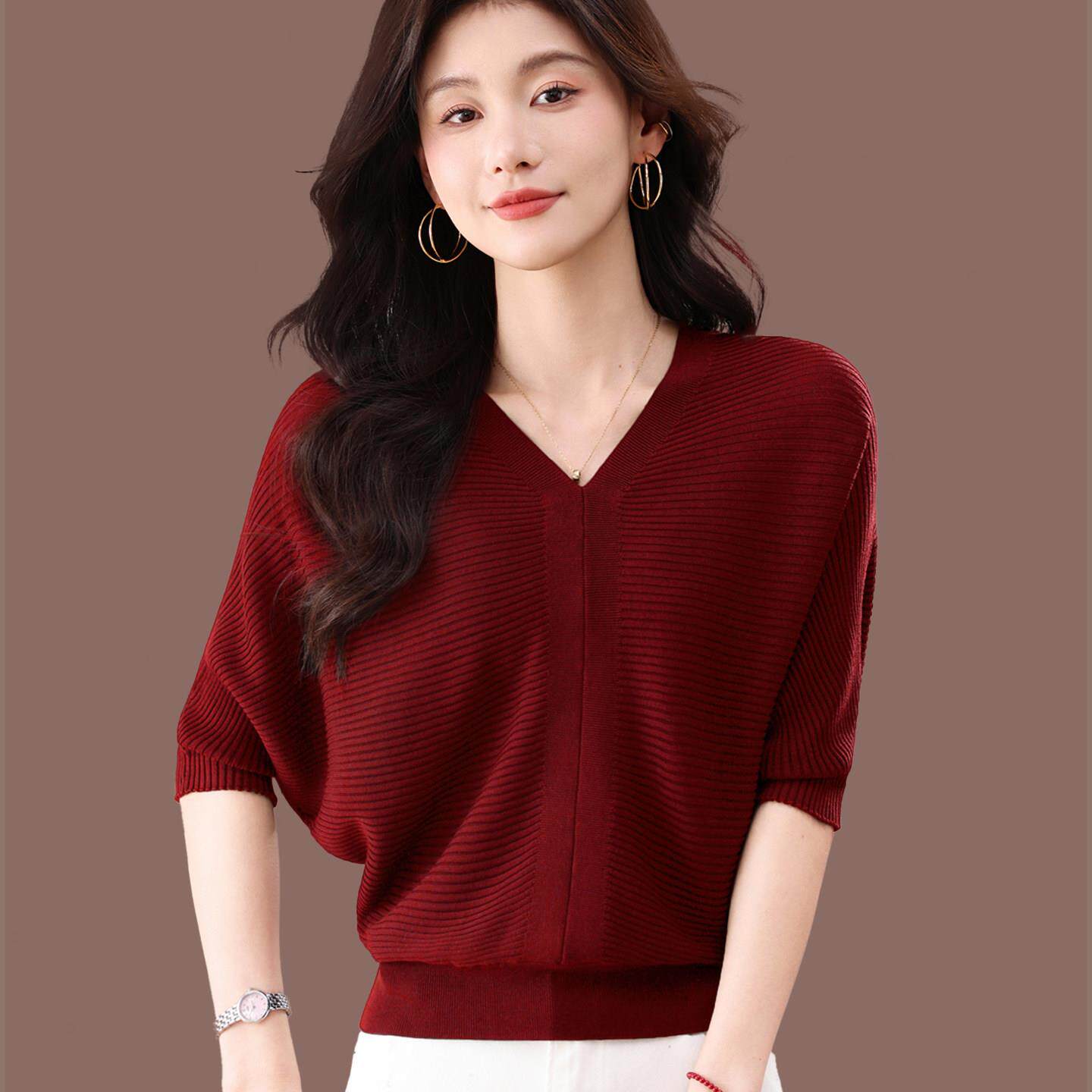 桑蚕丝蝙蝠衫t恤女冰丝针织上衣短款夏装新款V领宽松中袖洋气体恤